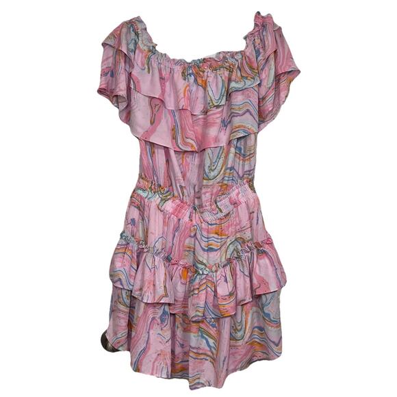 Buddy Love Dress Size M Pink Swirl Off Shoulder Smocked Waist Chiffon Mini NWT - Picture 1 of 12